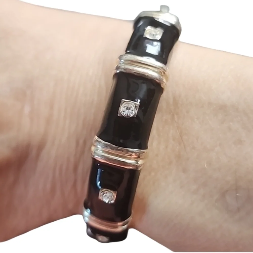 Black Enamel and Two-Tone Bangle Bracelet with Rhinestones